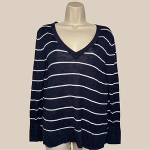 Banana Republic Women’s Navy White Striped V Neck Linen Blend Sweater Nautical